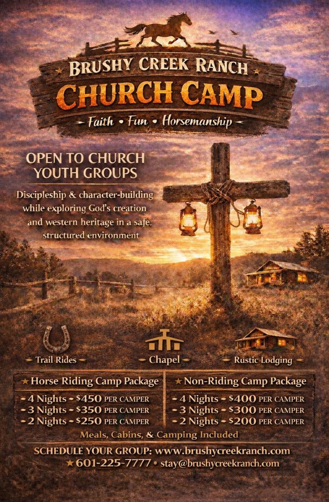 Flyer for Brushy Creek Ranch Church Camp featuring a sunset, wooden cross with lanterns, and horse rider silhouette. Details include camp packages, pricing, activities, and contact information for church youth groups.