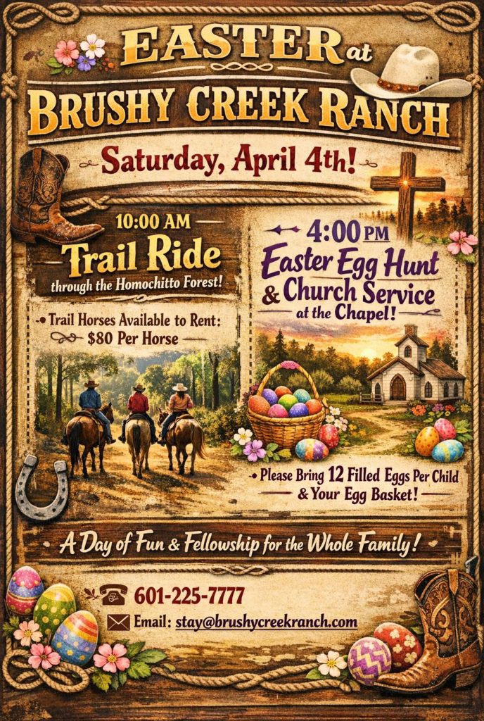 Vintage-style Easter event poster for Brushy Creek Ranch, featuring horseback riders, a chapel, colorful Easter eggs, flowers, and event details for a trail ride, egg hunt, and church service on Saturday, April 4th.