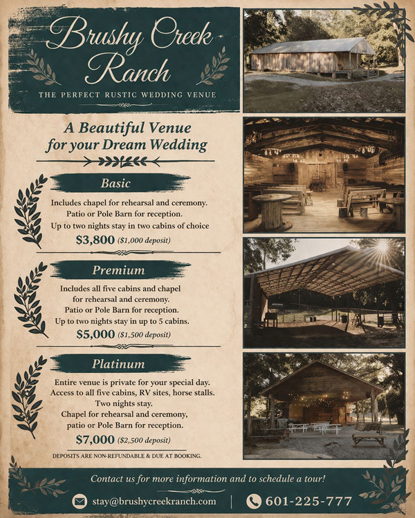 Rustic wedding venue flyer for Brushy Creek Ranch with package options: Basic, Premium, and Platinum. Includes photos of outdoor ceremony, wooden chapel, and decorated barn with string lights. Contact info and price details are listed.
