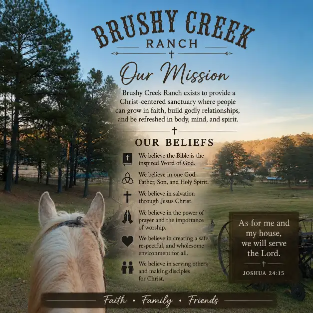 A person on horseback faces a ranch at sunset. Text details Brushy Creek Ranch’s mission, beliefs, and Joshua 24:15: “As for me and my house, we will serve the Lord.” Trees, a wagon wheel, and fence appear in the background.